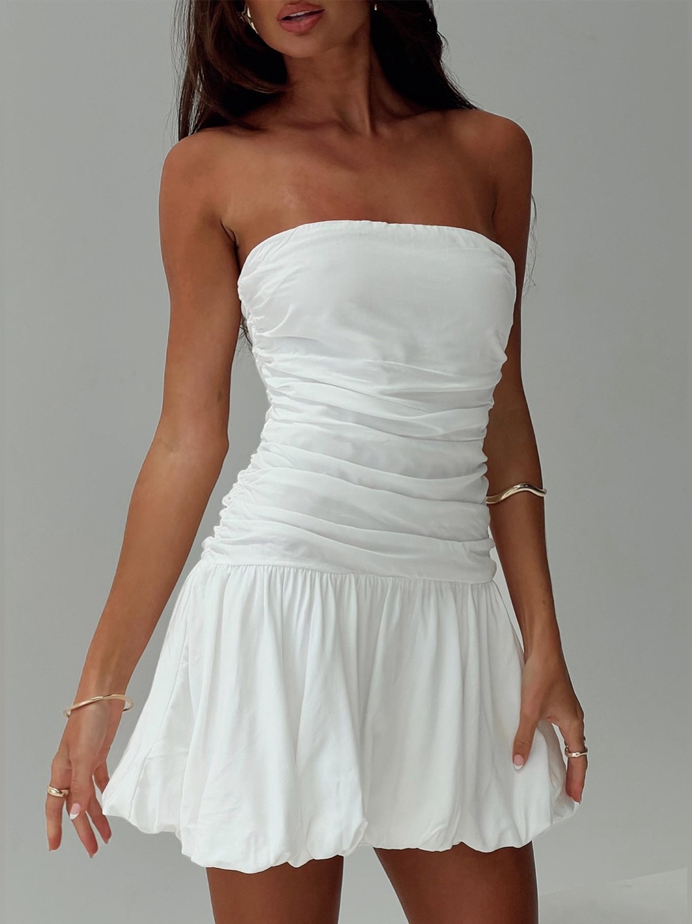 Princess Polly "Glamour Girl" White Strapless Ruched Bubble Hem Mini Dress 10